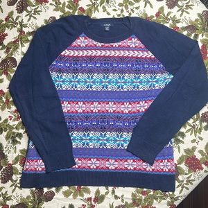 Chaps crewneck knit sweater multi color snowflake pattern Navy size XL